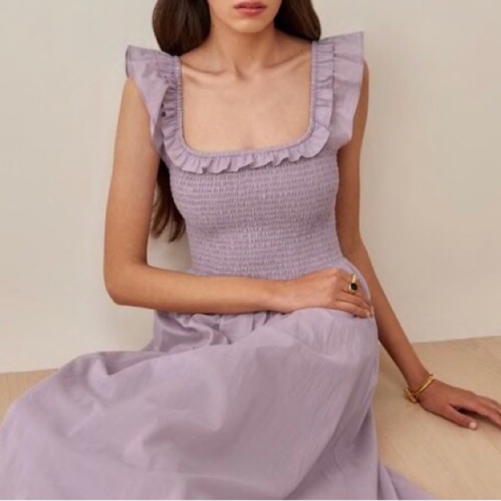 REFORMATION Noreen Smocked Ruffle Dress Midi Organic Cotton Lilac - Picture 3 of 14